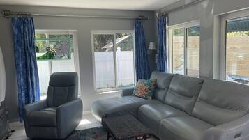 Smart TV, fireplace, DVD player, books