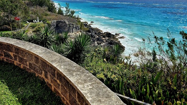A coastal view with a stone retaining wall, lush greenery, and the ocean.