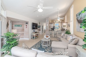 Smart TV, fireplace, video games, DVD player
