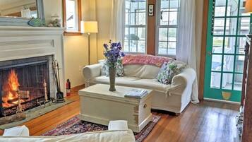 Smart TV, fireplace, DVD player, books