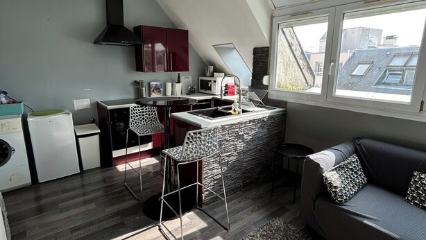Un espace de vie compact comprenant une cuisine, un coin repas et un coin salon.