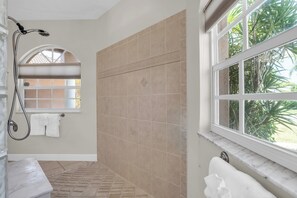 Combined shower/bathtub, hair dryer, towels