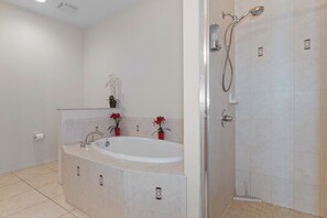 Combined shower/tub, hair dryer, towels, soap
