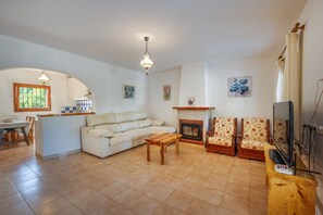 TV connectée, cheminée, livres, chaîne hi-fi