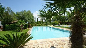 Una piscina rectangular con borde de piedra, rodeada de césped cuidado y varios árboles.
