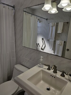 Ein Badezimmer mit Toilette, Waschbecken, Spiegel, Duschvorhang und Handtuchhalter.