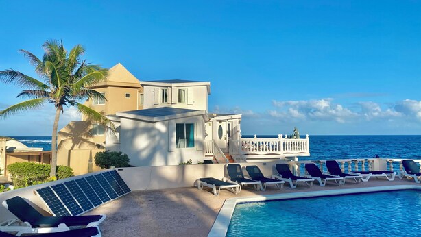 Un resort con piscina, sillas de descanso, una palmera y vistas al océano.