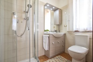 Shower, hair dryer, bidet, towels