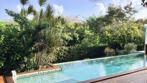A rectangular infinity pool with clear water, surrounded by lush greenery and a wooden deck. - Zen Villa in residential area (Saint francois)