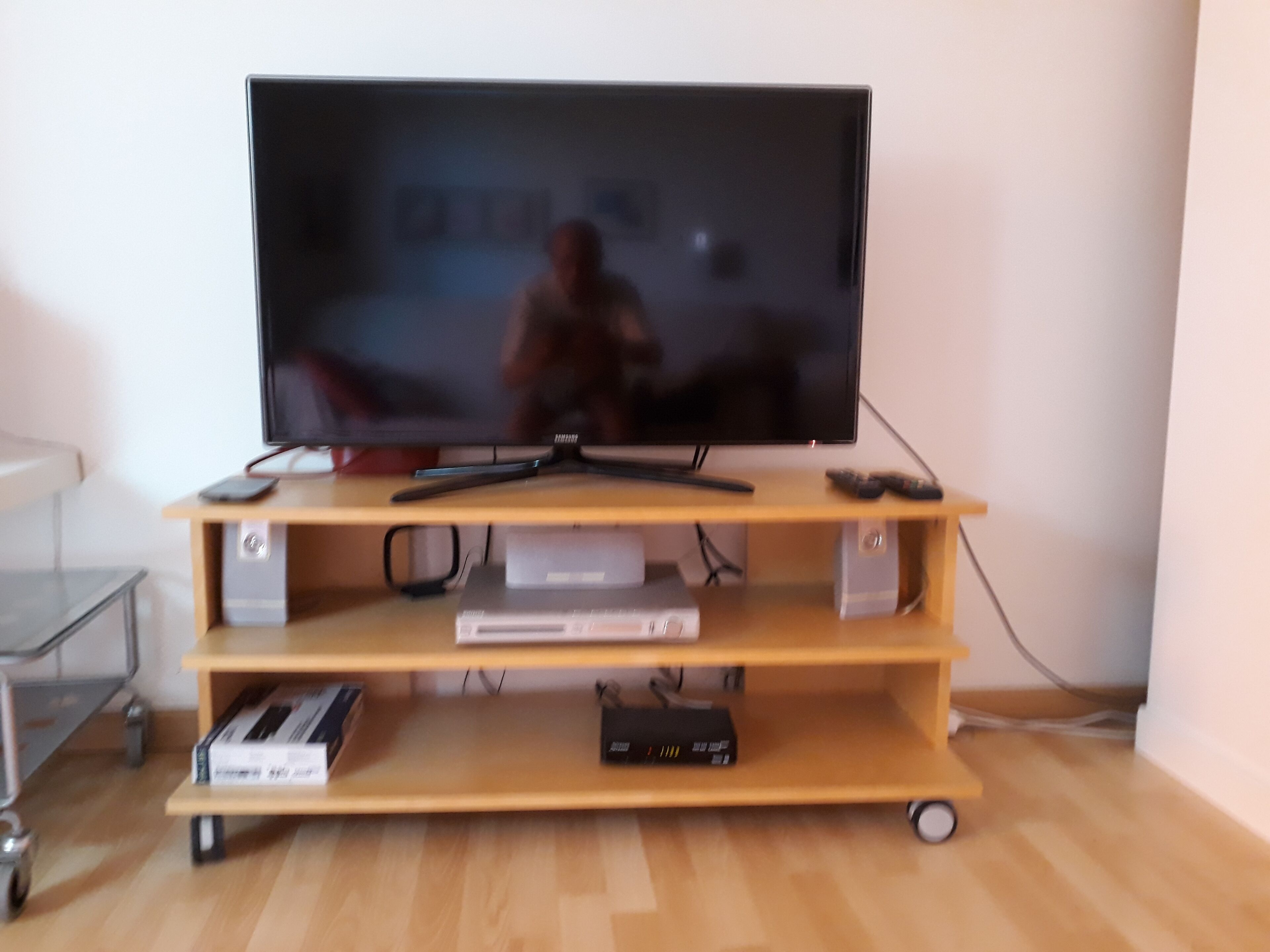 Television, joka on sijoitettu puiseen jalustaan, sekä kaukosäädin, DVD-soitin ja pelikonsoli.