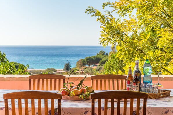 A table with chairs and a fruit bowl, overlooking a coastal view.