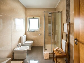 Combined shower/bathtub, jetted bath, hair dryer, towels