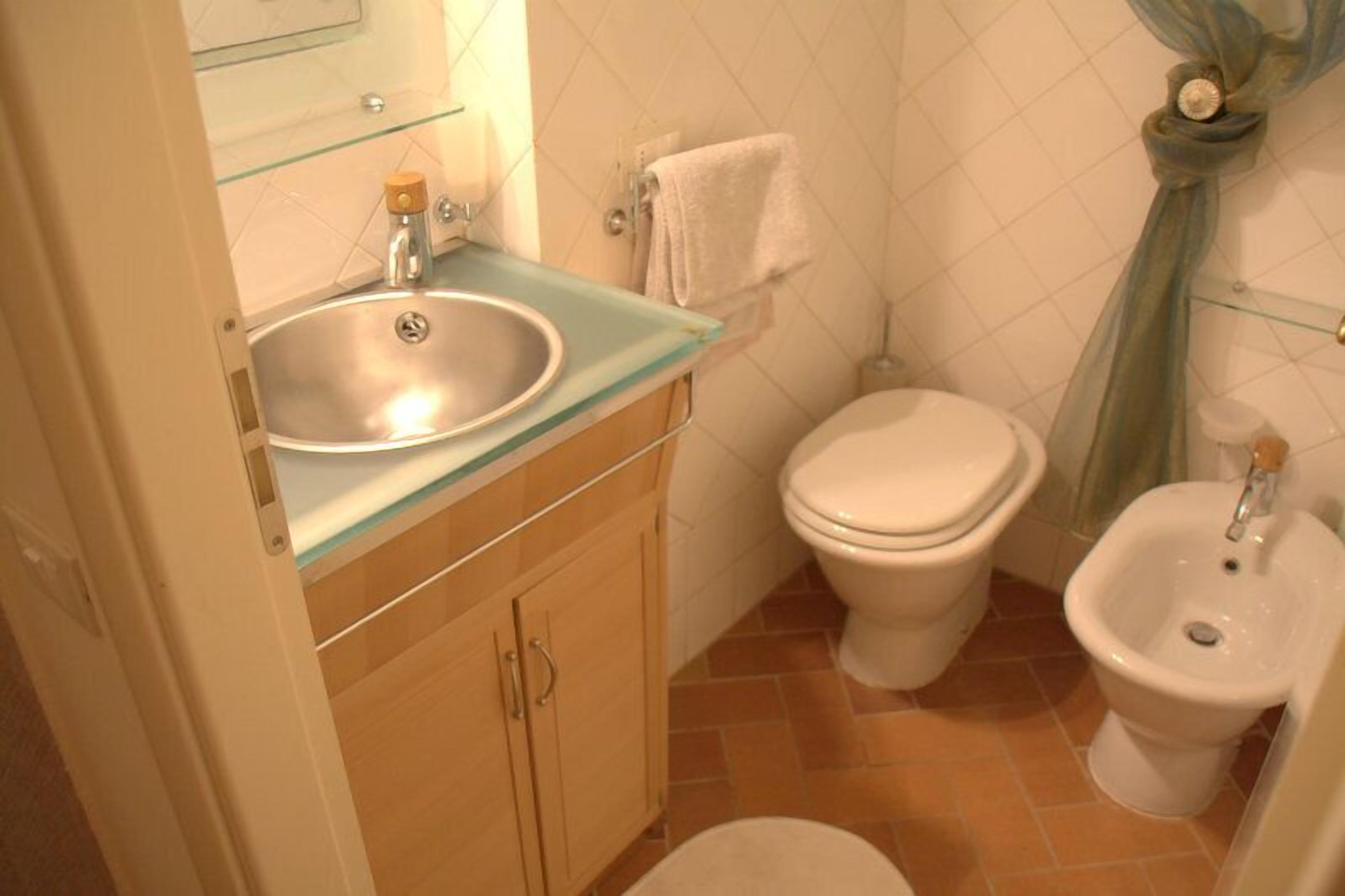 A bathroom with a glass sink, a toilet, a bidet, and a towel rack.