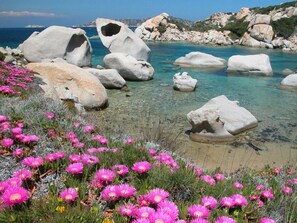 Paesaggio costiero con grandi rocce bianche e acqua cristallina turchese.