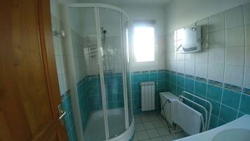 Hair dryer, towels, toilet paper