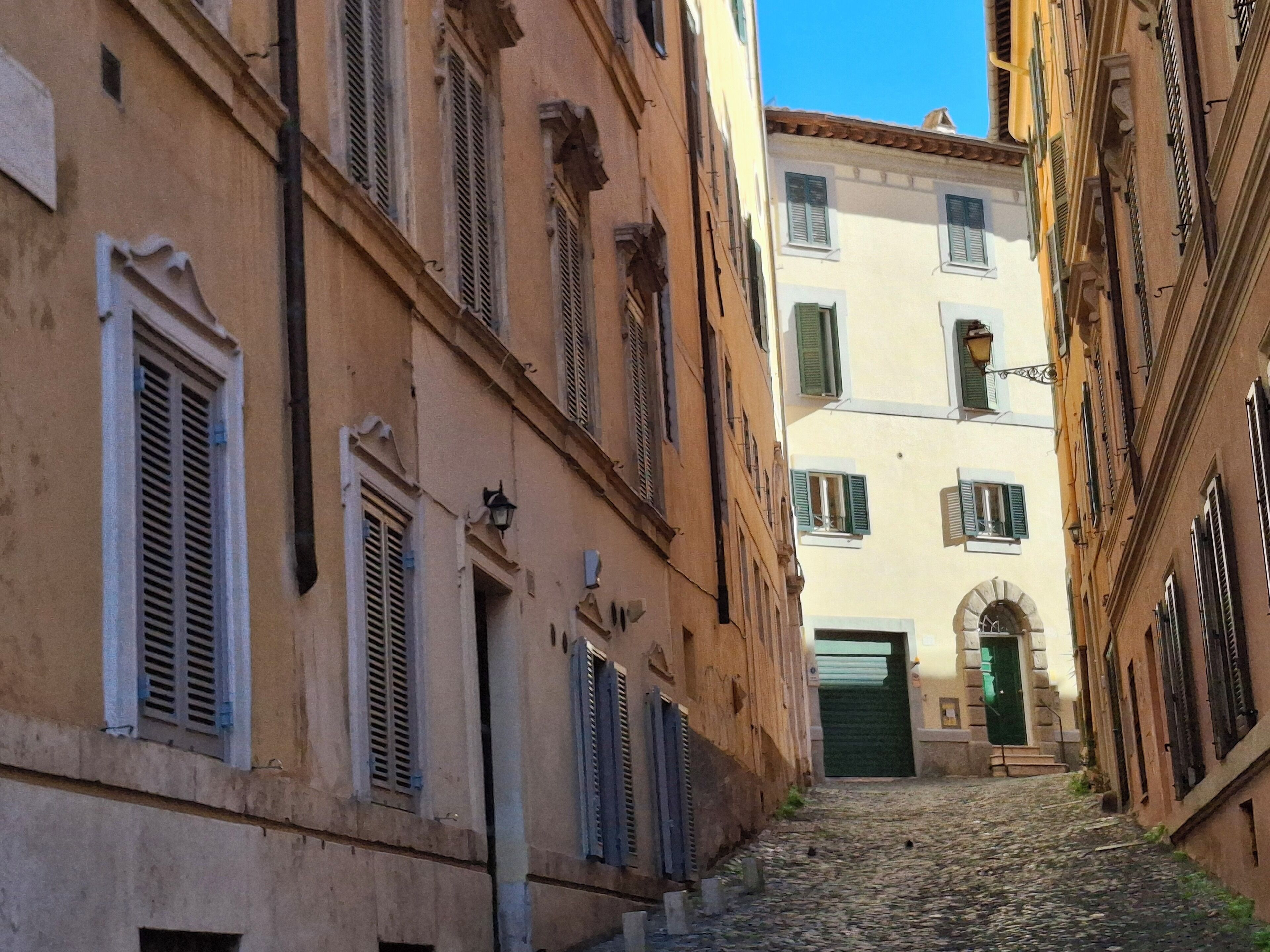 A narrow cobblestone street flanked by historic buildings with shuttered windows and a green door.