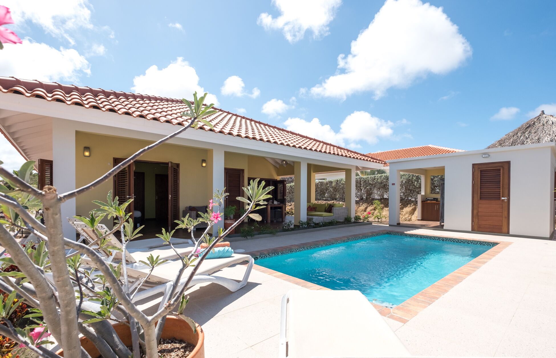 A poolside area with a swimming pool, lounge chairs, and potted plants.