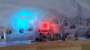 An ice bar with bottles of alcohol and a wooden counter.