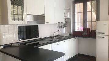 Fridge, stovetop, dishwasher, coffee/tea maker