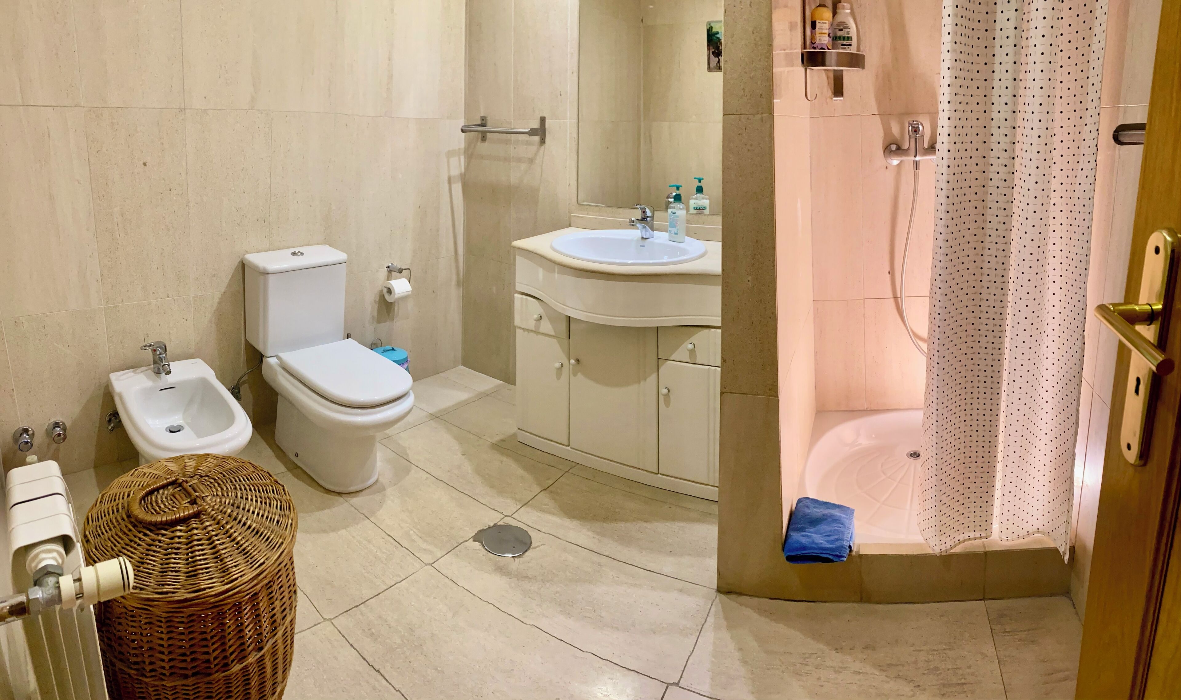 A bathroom with a toilet, bidet, sink, and shower.