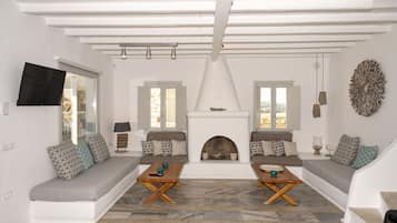 Una Smart TV, una chimenea, un reproductor de DVD