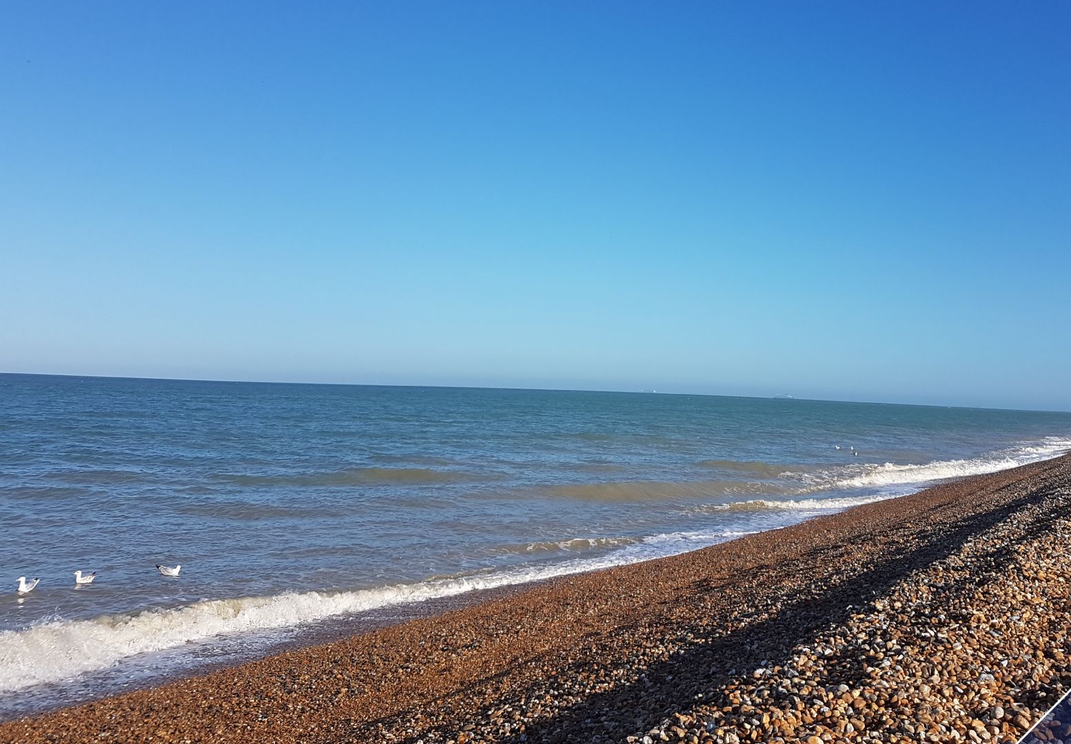 A pebble beach with a clear sky and calm sea.