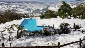 Ein Pool, umgeben von verschneiter Landschaft und Bäumen.
