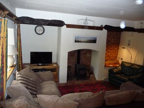 Smart-TV, peis, DVD-spiller og bøker