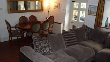 TV connectée, cheminée, lecteur de DVD, livres