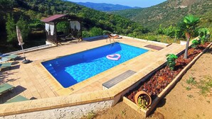 Ein rechteckiger Swimmingpool mit einem rosa Schwimmreifen, umgeben von einer Holzterrasse und einem überdachten Sitzbereich.