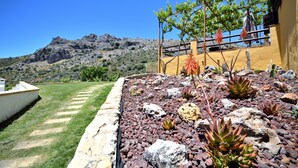 Ein Garten mit vielfältigen Pflanzen und freiem Blick auf eine gebirgige Landschaft.