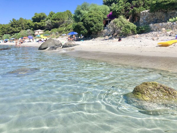 On the beach, sun loungers, beach towels
