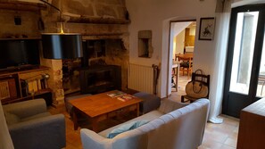 Télévision, cheminée, lecteur de DVD, livres