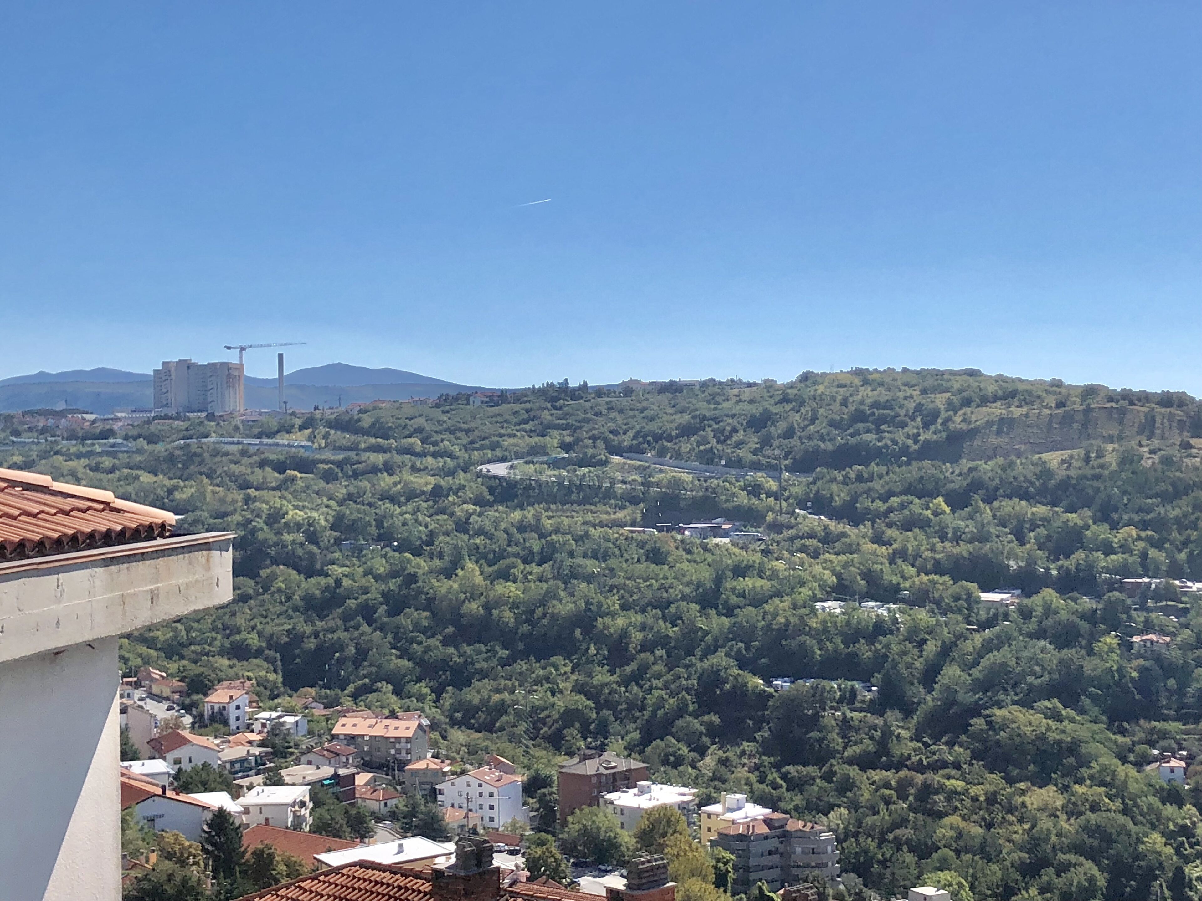 A residential area with houses, a river, and a mountain in the background.