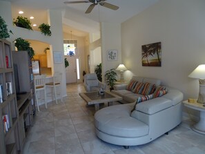 Flat-screen TV, DVD player, books, video library