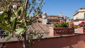 A rooftop terrace with terracotta tiles, a potted plant with flowers, and a building with a dome and bell tower in the background.