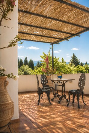 Eine Terrasse im Freien mit Tisch und Stühlen, einer großen Vase und Blick auf Grünflächen und den Himmel.