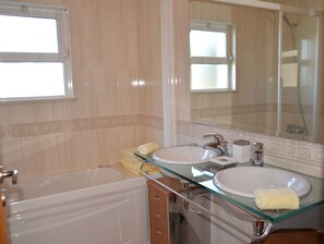 Combined shower/tub, hair dryer, bidet, towels