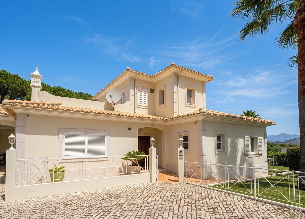 Une maison à deux étages, avec un toit recouvert de tuiles, une antenne parabolique et une allée pavée.