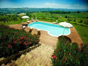 Outdoor pool, a heated pool, pool loungers