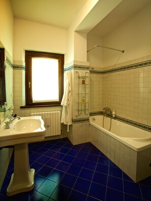 Combined shower/tub, hair dryer, bidet, towels