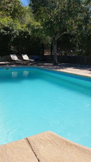 Relax by the serene pool surrounded by lush greenery and lounge in style.