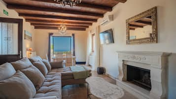 Smart TV, fireplace, DVD player, books