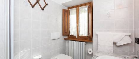 Un baño con inodoro, lavabo y zona de ducha.