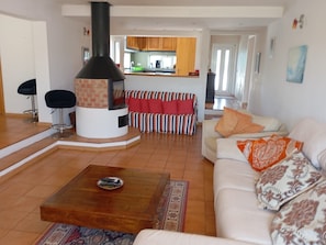 Smart TV, fireplace, DVD player, books