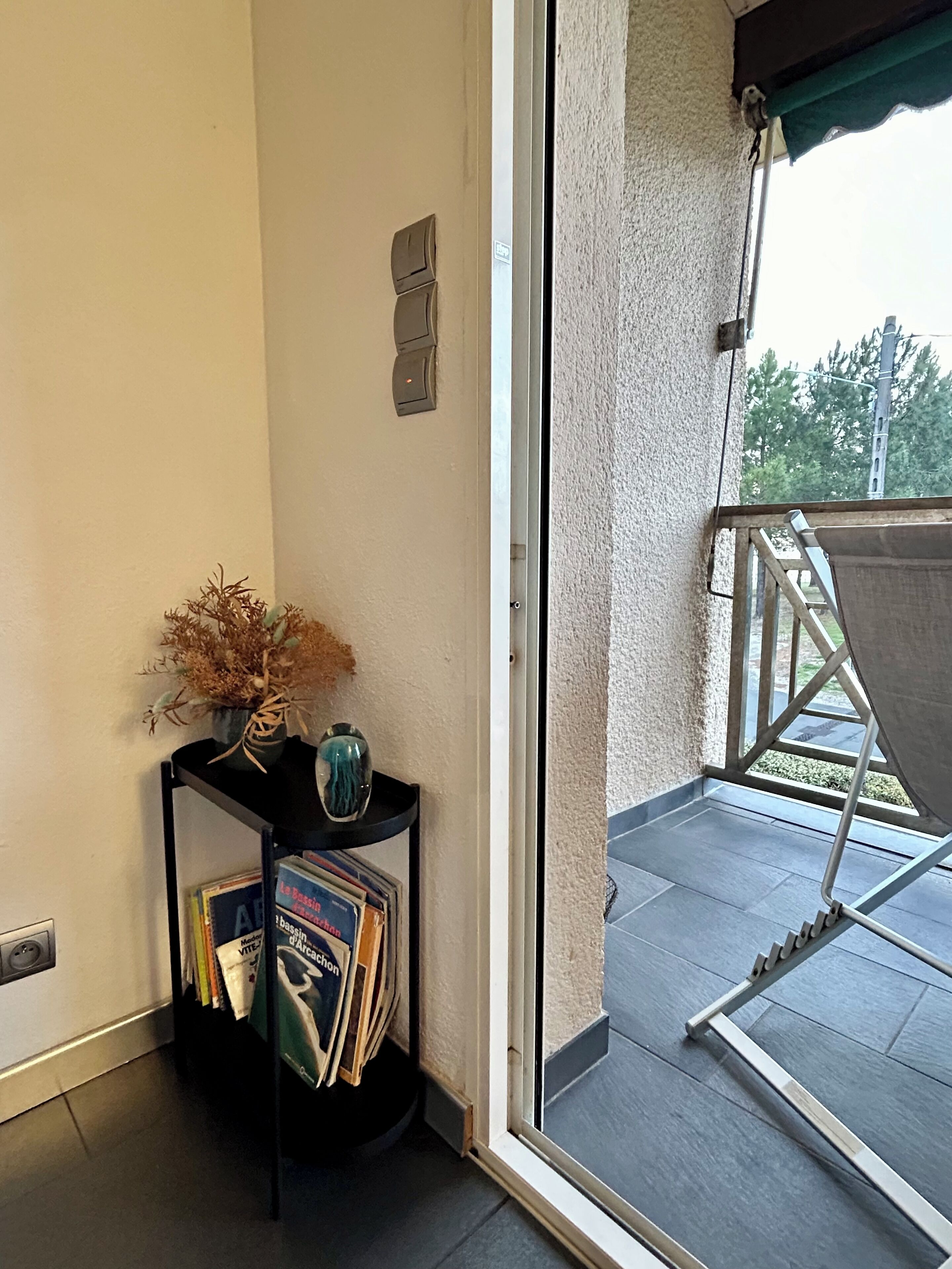 A corner of a room with a black shelf holding books and a vase with dried plants.