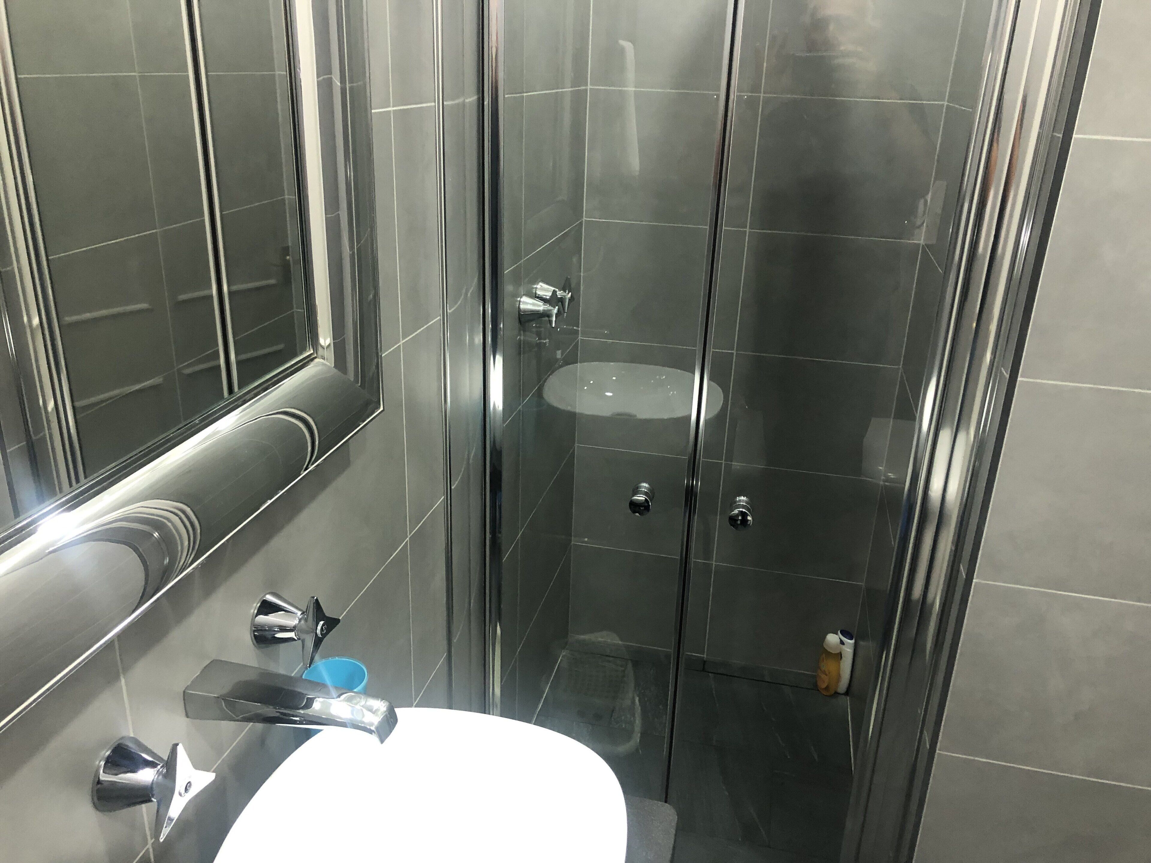 Shower, hair dryer, bidet, towels