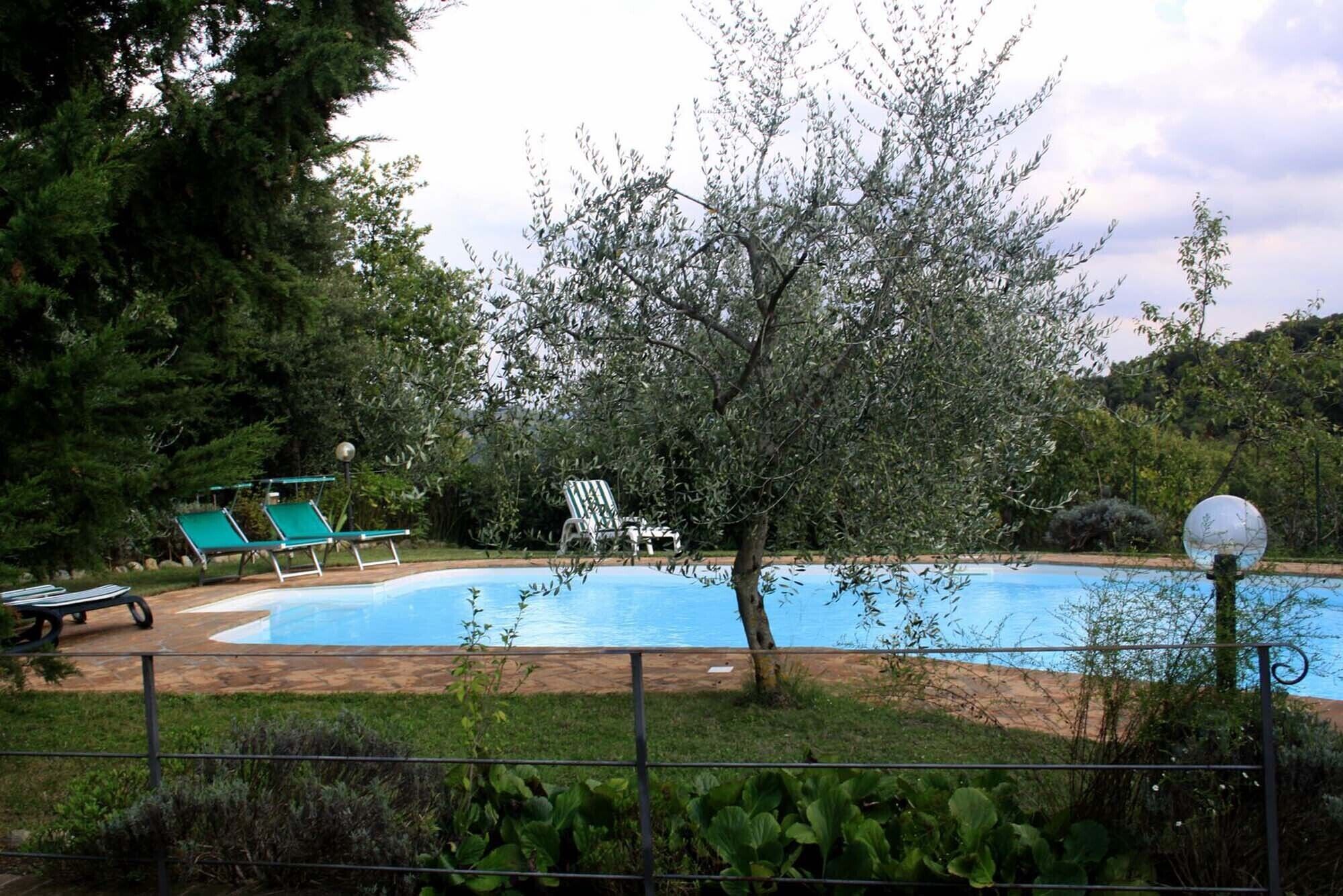 Une piscine avec des chaises longues et un arbre au centre.