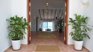 Un couloir avec une porte en bois donnant sur un balcon, des plantes en pot de chaque côté et un tapis à motifs sur le sol.