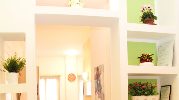 A hallway with a wooden floor, white walls, and green shelves with potted plants. - Holiday Apartment Maison Velia in San Giovanni Colli Albani Appio Latino district (Roma)